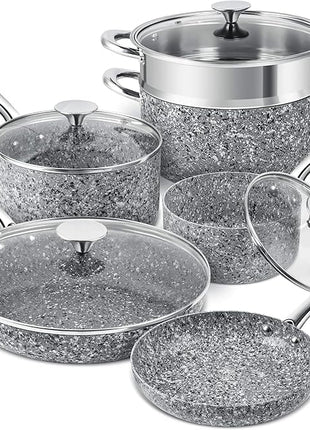 MICHELANGELO Stone Cookware Set 10 Piece, Ultra Nonstick Pots and Pans Set with Granite Coating, Kitchen Cookware Sets, Stone Pots and Pans Set, Granite Pots and Pans Set - 10 Piece