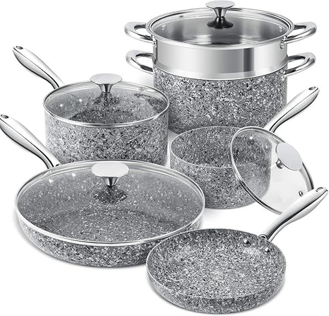 MICHELANGELO Stone Cookware Set 10 Piece, Ultra Nonstick Pots and Pans Set with Granite Coating, Kitchen Cookware Sets, Stone Pots and Pans Set, Granite Pots and Pans Set - 10 Piece