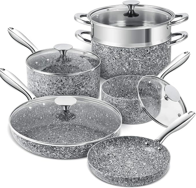 MICHELANGELO Stone Cookware Set 10 Piece, Ultra Nonstick Pots and Pans Set with Granite Coating, Kitchen Cookware Sets, Stone Pots and Pans Set, Granite Pots and Pans Set - 10 Piece