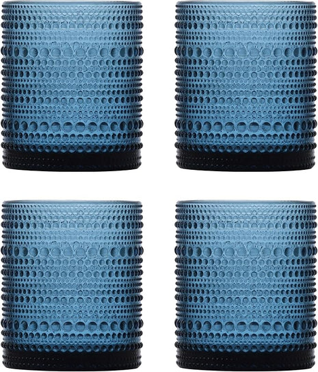 Fortessa Jupiter Beaded Hobnail Glass, 10 Ounce Double Old Fashioned (Set of 4), Cornflower Blue