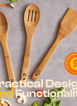 Riveira Dark Bamboo Wooden Spoons for Cooking 3-Piece, Apartment Essentials Wood Spatula Spoon Nonstick Kitchen Utensil Set Premium Quality Housewarming Gifts for Everyday Use