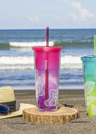 bzyoo SIP 24oz (710ml) Double Wall Plastic Tumbler with Lid and Straw Cold Drink Travel Mug Reusable Party Cup Perfect for Office Ice Coffee or Tea and Gift Color: Pink & Purple