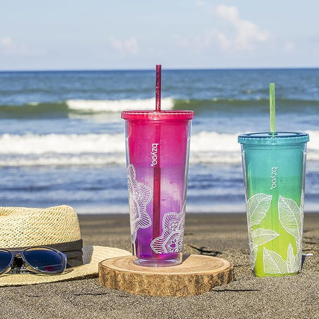 bzyoo SIP 24oz (710ml) Double Wall Plastic Tumbler with Lid and Straw Cold Drink Travel Mug Reusable Party Cup Perfect for Office Ice Coffee or Tea and Gift Color: Pink & Purple