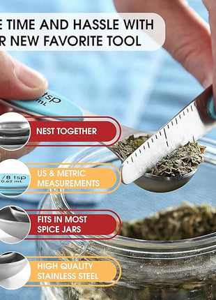 Spring Chef Stainless Steel Magnetic Measuring Spoons Set of 8 with Leveler, Metal Teaspoon & Tablespoon Measuring Spoons with Strong Magnets, Kitchen Gadgets for Baking & Cooking - 2 Pack - Aqua Sky