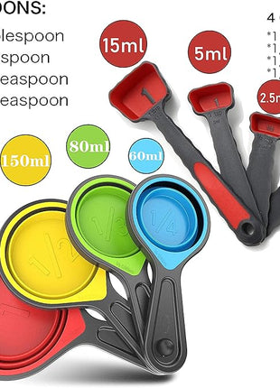 Collapsible Silicone Soft Measuring Cups and Measuring Spoons,8 pieces Portable Food Grade Silicone Measurement Cup for Liquid & Dry Measuring Baking &Utensils & Travel Measuring Cup，space saver