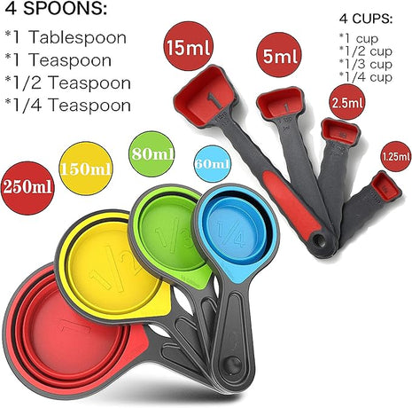 Collapsible Silicone Soft Measuring Cups and Measuring Spoons,8 pieces Portable Food Grade Silicone Measurement Cup for Liquid & Dry Measuring Baking &Utensils & Travel Measuring Cup，space saver