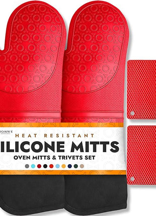 Homwe Silicone Oven Mitts and Potholders (4-Piece Sets) Heavy Duty Cooking Gloves, Kitchen Counter Safe Trivet Mats | Advanced Heat Resistant, Non-Slip Textured Grip Pot Holders(Red)