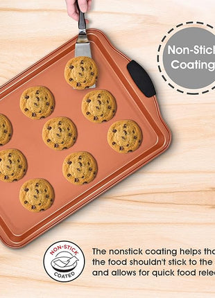 Perlli Baking Sheet 4 Piece Set Nonstick Copper Carbon Steel Oven Bakeware Kitchen Set with Silicone Grips, Includes 2x 9x13" Cookie Sheets, 9x13" Baking Pan with Plastic Lid