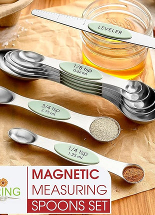 Spring Chef Stainless Steel Magnetic Measuring Spoons Set of 8 with Leveler, Dual Sided Teaspoon & Tablespoon Set, Nesting Metal Kitchen Gadgets for Baking & Cooking, Fits in Spice Jars - Pistachio