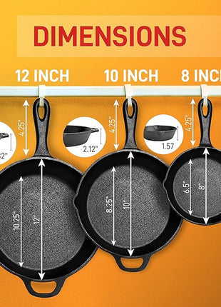 NutriChef 3pc Cast Iron Skillet Set - Nonstick Pans with Drip Spout, Silicone Handles, For All Cooktops