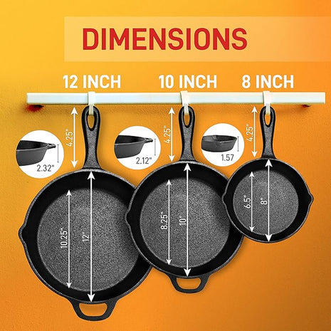 NutriChef 3pc Cast Iron Skillet Set - Nonstick Pans with Drip Spout, Silicone Handles, For All Cooktops