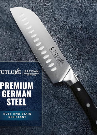 Cutluxe Santoku Knife – 7" Chopping Knife, Vegetable Knife – Forged High Carbon German Steel – Sheath Included – Full Tang & Razor Sharp – Ergonomic Handle Design – Artisan Series