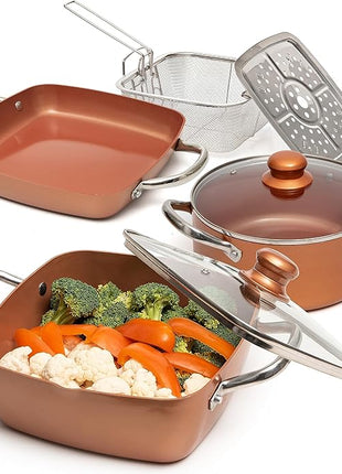 Moss & Stone 7 Pcs Copper Chef Cookware Non Stick Deep Frying Pan 9.5" x 3.5", Fry Basket, Dishwasher & Oven Safe, 5 Qt Deep Square Pot, Non Stick Pan & Round Pot, Induction Copper Cookware Set