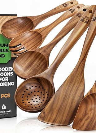 Wooden Spoons for Cooking – Wooden Kitchen Utensils Set, 6 Pcs Teak Wood Utensil Set – Comfortable Grip Non–Stick Wooden Cooking Utensils - Kitchen Gifts for Women Men, Cooking Gifts for Men Women
