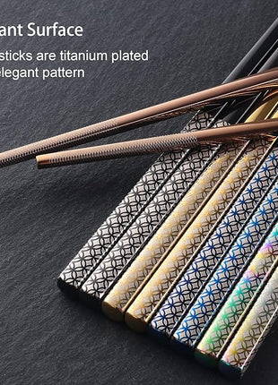 Metal Chopsticks Reusable Multicolor Stainless Steel Chopsticks Dishwasher Safe Chop Sticks Laser Engraved Copper Coin Pattern Square Non-slip, 9 1/4 Inches 5 Pairs Gift Set