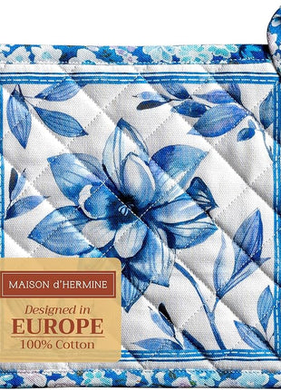 Maison d' Hermine Pot Holders 100% Cotton Heat Resistant Potholders 8" x 8" Hot Pads with Loop BBQ, Cooking, Baking, Grilling, Kitchen, Handling Hot Pans Spring/Summer (Pack of 1, Summer Blues)