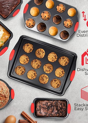 PERLLI Non-Stick 6-Piece Baking Pan Set, BPA-Free Carbon Steel Bakeware Set with Silicone Handles, Stackable Kitchen Oven Set, Cookie Sheet, Baking Tray, Baking Sheet Set, Oven Safe (446°F)
