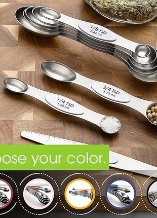 Spring Chef White Stainless Steel Magnetic Measuring Spoons Set of 8 with Leveler, Dual Sided Metal Teaspoon & Tablespoon Measuring Spoons, Fits in Spice Jars, Kitchen Gadgets for Baking & Cooking