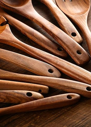 Wooden Spoons for Cooking, 10 Pcs Wooden Utensils for Cooking, NAYAHOSE Natural Teak Wood Spoons, Non-Stick Comfort Grip Kitchen Utensils Set