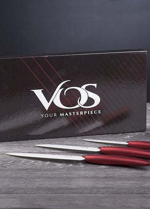 Vos Ceramic Knife Set in Elegant Gift Box, Ceramic Knives Set For Kitchen, Ultra Sharp Kitchen Knife Set with Covers, 4" 5" 6" Paring, Santoku & Chef Knife, Lightweight, Dishwasher safe (Red Handle)