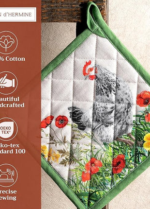 Maison d' Hermine Pot Holders 100% Cotton Heat Resistant Potholders 8" x 8" Hot Pads with Loop BBQ, Cooking, Baking, Grilling, Kitchen, Handling Hot Pans Spring/Summer (Pack of 1, Basse Cour)