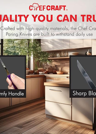 Chef Craft Select Paring Knife Set, 2.5 inch blade 6 inch in length 4 piece set, Assorted