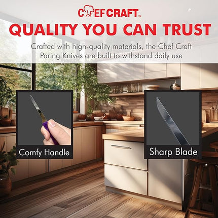 Chef Craft Select Paring Knife Set, 2.5 inch blade 6 inch in length 4 piece set, Assorted