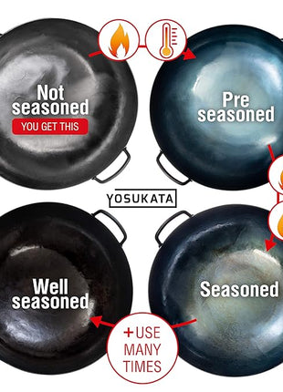 YOSUKATA 14” Round Bottom Carbon Steel Woks and Stir Fry Pans – Unseasoned Pow Wok for Stir Fry, BBQ & Camping – Hand-Hammered Traditional Japanese and Chinese Pan – Gas Stove, Open Fire Only