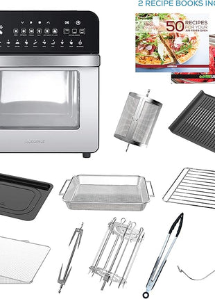 GoWISE USA 14.7-Quart Air Fryer Grill with Dual Heating Elements & Oven with Rotisserie, Dehydrator, Preheat and Broil Functions + 11 Accessories with 2 Recipe Books (Stainless Steel/Black), Ultimate