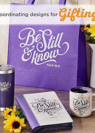 Christian Art Gifts Stainless Steel Double Wall Vacuum Insulated Tumbler 18 oz Purple Bible Verse Travel Mug with Retractable Lid for Women with Bible Verse - Be Still & Know - Psalm 46:10