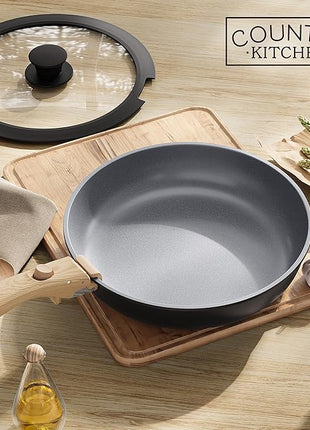 Country Kitchen Cookware Set with Removable Handle, Oven & RV Safe Pots and Pans Set, Black/Grey Wood Handle, Original