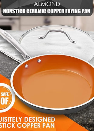 Nonstick Ceramic Copper Frying Pan: Non Stick 8 Inches Skillet With Glass Lid - Round Aluminum Saute Pan for Gas, Electric and Induction Cooktops (8 Inch)