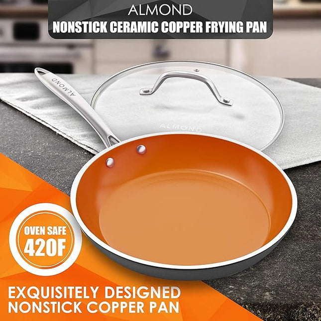 Nonstick Ceramic Copper Frying Pan: Non Stick 8 Inches Skillet With Glass Lid - Round Aluminum Saute Pan for Gas, Electric and Induction Cooktops (8 Inch)