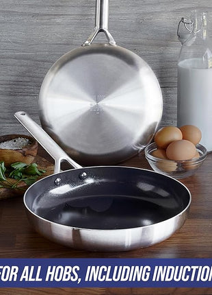 Blue Diamond Tri-Ply Stainless Steel 9.5” & 11" Frying Pan Skillet Set, Healthy Ceramic Nonstick, PFAS-Free, Multi Clad, Induction, Dishwasher & Oven Safe, Versatile Kitchen Essential