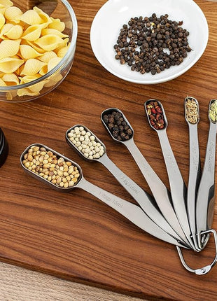 Accurate 18/8 Stainless Steel Measuring Spoons, Heavy Duty Good Handle Set of 6 Measuring Spoon with Ring Connector, Dark Grey