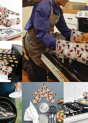 RED LMLDETA Oven Mitts Gloves 1 Pair Heat Resistant 480 ℉ Non Slip Clear Silicone Printed Comfortable Cotton Lining Kitchen Women Men Cooking Barbecue Microwave Machine Washable (Cat, Khaki Mittens)