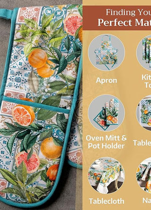 Maison d' Hermine Double Oven Mitts 100% Cotton 7"x35" Double Oven Mitt Heat Resistant BBQ Cooking Gloves with Loop, Baking, Grilling, Home, Kitchen, Handling Hot Pans Spring Summer (Agrume)