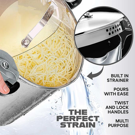 GOTHAM STEEL 8 Qt Stainless Steel Stock Pot Multipurpose Pasta Pot with Strainer Lid & Twist and Lock Handles, for Soup, Spaghetti, Rice, Induction Ready, Dishwasher Safe
