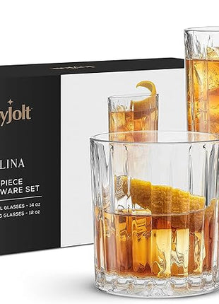 JoyJolt Drinking Glasses Set of 8, Alina Ribbed Glassware. 12oz Rocks Glass and 14oz Highball Glass set. Cocktail Glasses, Iced Coffee Cup or Water cups. Heavy Base Glassware Set