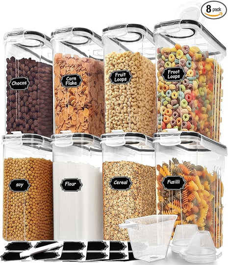 Skroam 8PCS Cereal Containers Storage [4L/135.2 oz], Airtight Food Storage Containers with Pour Spout for Kitchen & Pantry Organization Storage, Plastic Cereal Dispensers, Measuring Cup & 20 Labels