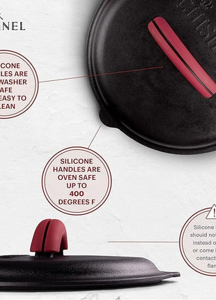 Cuisinel Cast Iron Lid - Fits 12"-Inch / 30.48-cm Lodge Skillet Frying Pans or Braiser + Silicone Handle Holder + Care Guide - Pre-Seasoned Replacement Cover - Indoor/Outdoor, Oven, Fire, BBQ Safe