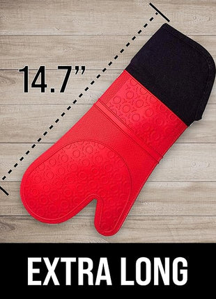 BPA-Free Soft Silicone Oven Mitts - Ultra Heat Resistant Oven Mitts with Thick Cotton Liner - Extra Long Slip Resistant Pot Holders, Flexible Oven Gloves - Red/Black 14.7"