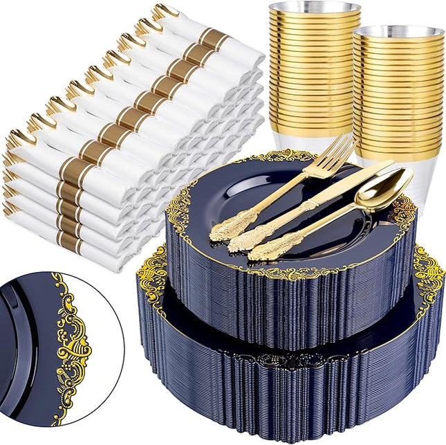 Nervure 350Pcs Blue Plastic Plates - Blue Gold Plastic Dinnerware Sets for 50 Guests - 100 Navy Gold Disposable Plates, 50 Pre Rolled Silverware, 50 Cups Perfect for Wedding & Party