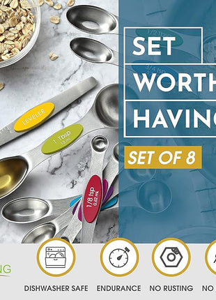 Spring Chef Stainless Steel Magnetic Measuring Spoons Set with Strong Magnets, Heavy Duty Metal Kitchen Essentials - Fits in Most Kitchen Spice Jars, Multicolor, Set of 8 with Leveler