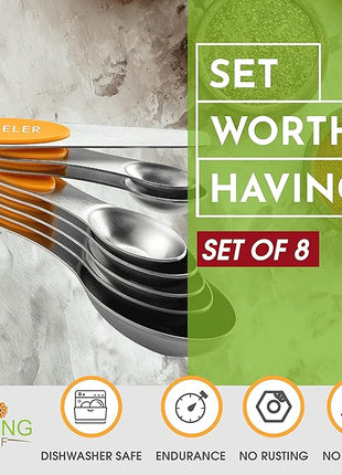 Spring Chef Stainless Steel Magnetic Measuring Spoons Set of 8 with Leveler, Dual Sided Metal Teaspoon & Tablespoon Measuring Spoons, Kitchen Gadgets for Baking & Cooking, Fits in Spice Jars - Mango