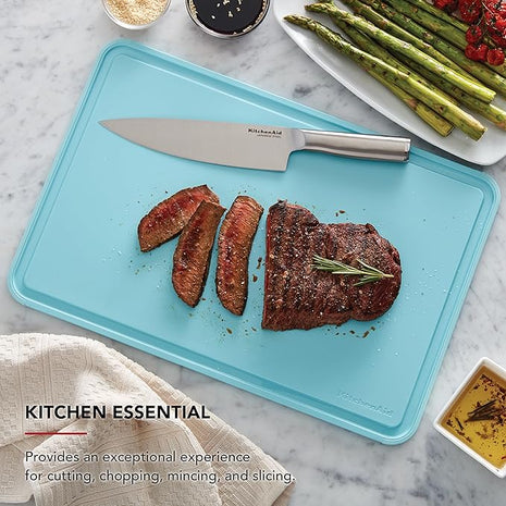 KitchenAid Classic Plastic Cutting Board with Perimeter Trench and Non Slip Edges, Dishwasher Safe, 12 inch x 18 inch, Blue