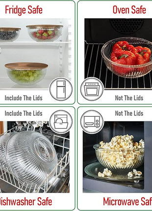 Set of 3 Stackable Space-Saving Nesting Glass Salad Bowls with Acacia Lids for Foodprep, Storage, Baking, Mixing & Cooking - Microwave Safe Durable Inert Borosilicate Glass