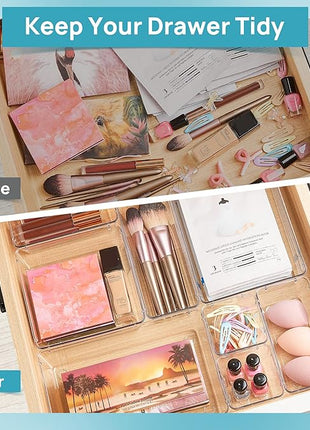 Vtopmart 44 PCS Clear Plastic Drawer Organizers Set, 4-Size Versatile Bathroom and Vanity Organizer Trays, Non-Slip Storage Containers for Makeup, Jewelries, Bedroom，Kitchen Utensils and Office