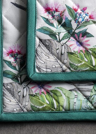 Maison d' Hermine Pot Holders Set 100% Cotton Heat Resistant Potholders 8" x 8" Hot Pads with Loop BBQ, Cooking, Baking, Grilling, Kitchen, Handling Hot Pans Spring/Summer (Pack of 2, Tropiques)