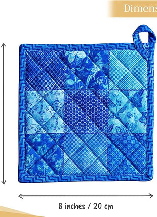 Maison d' Hermine Pot Holders Set 100% Cotton Heat Resistant Potholders 8" x 8" Hot Pads with Loop BBQ, Cooking, Baking, Grilling, Kitchen, Handling Hot Pans Spring/Summer (Pack of 2, Indigo Love)